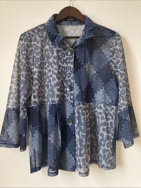 DAMEE Sheer Blue Patchwork / Leopard Print Blouse Sz L Lagenlook Artsy